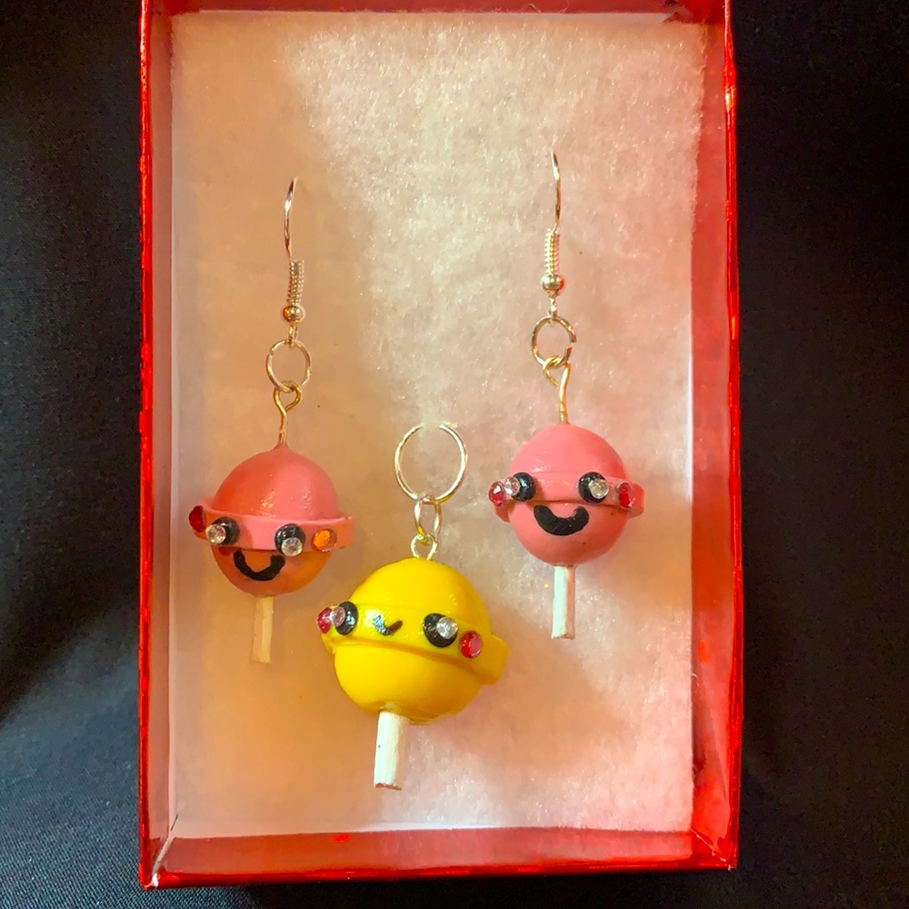 Hand made clay DumbDumb sucker earrings & pendent!